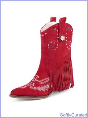 Suede Cowboy Ankle Boots Fringe Pointed Toe Western Chunky Heel